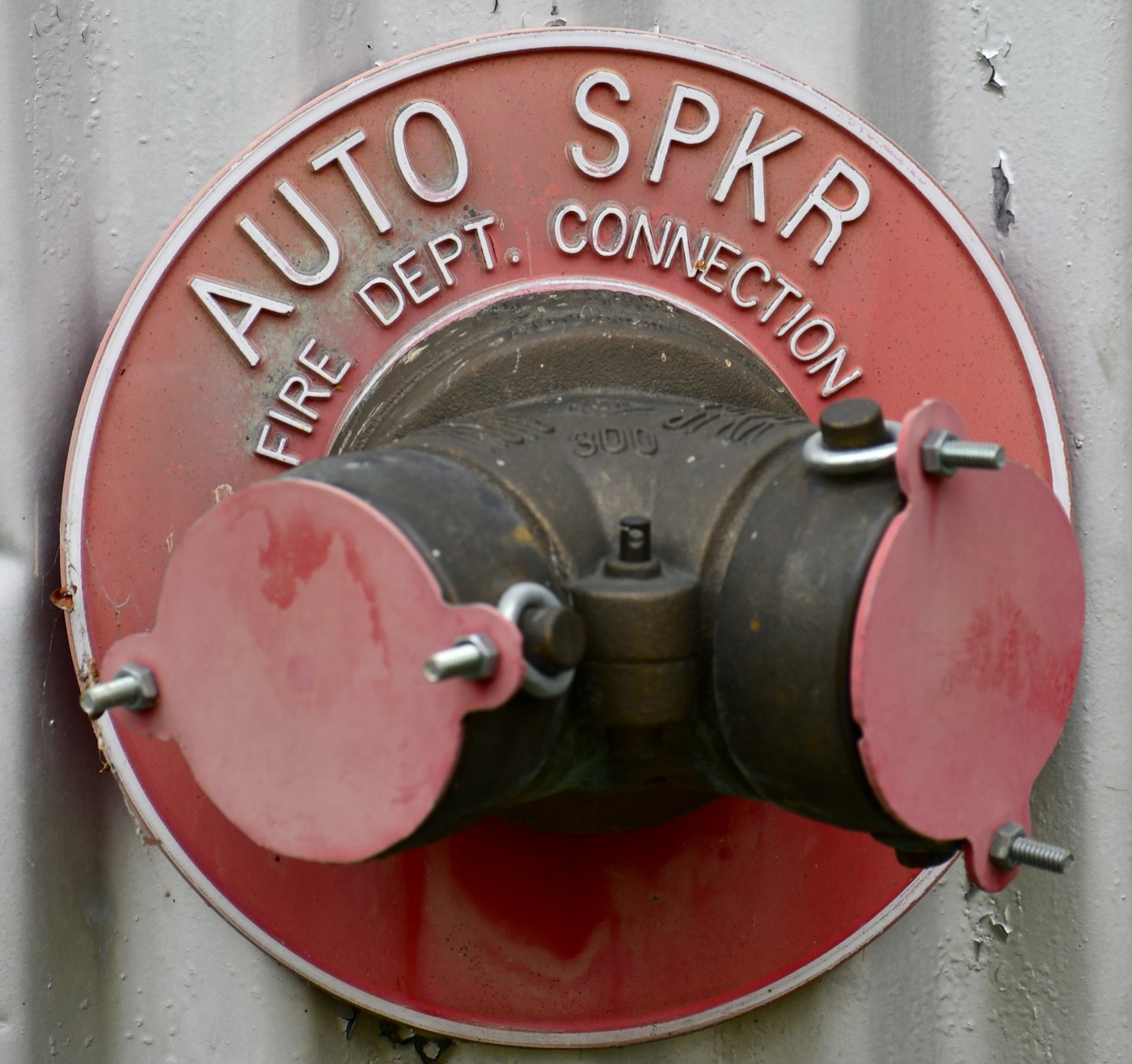 Weathered cast plate reading AUTO SPKR FIRE DEPT. CONNECTION with dual brass inlets