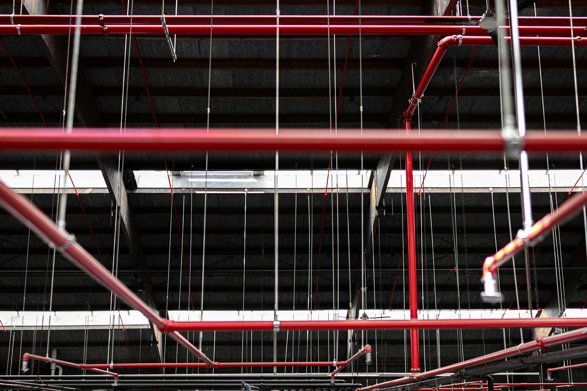 Red fire sprinkler mains and branch lines suspended on hanger rods below a dark warehouse roof deck