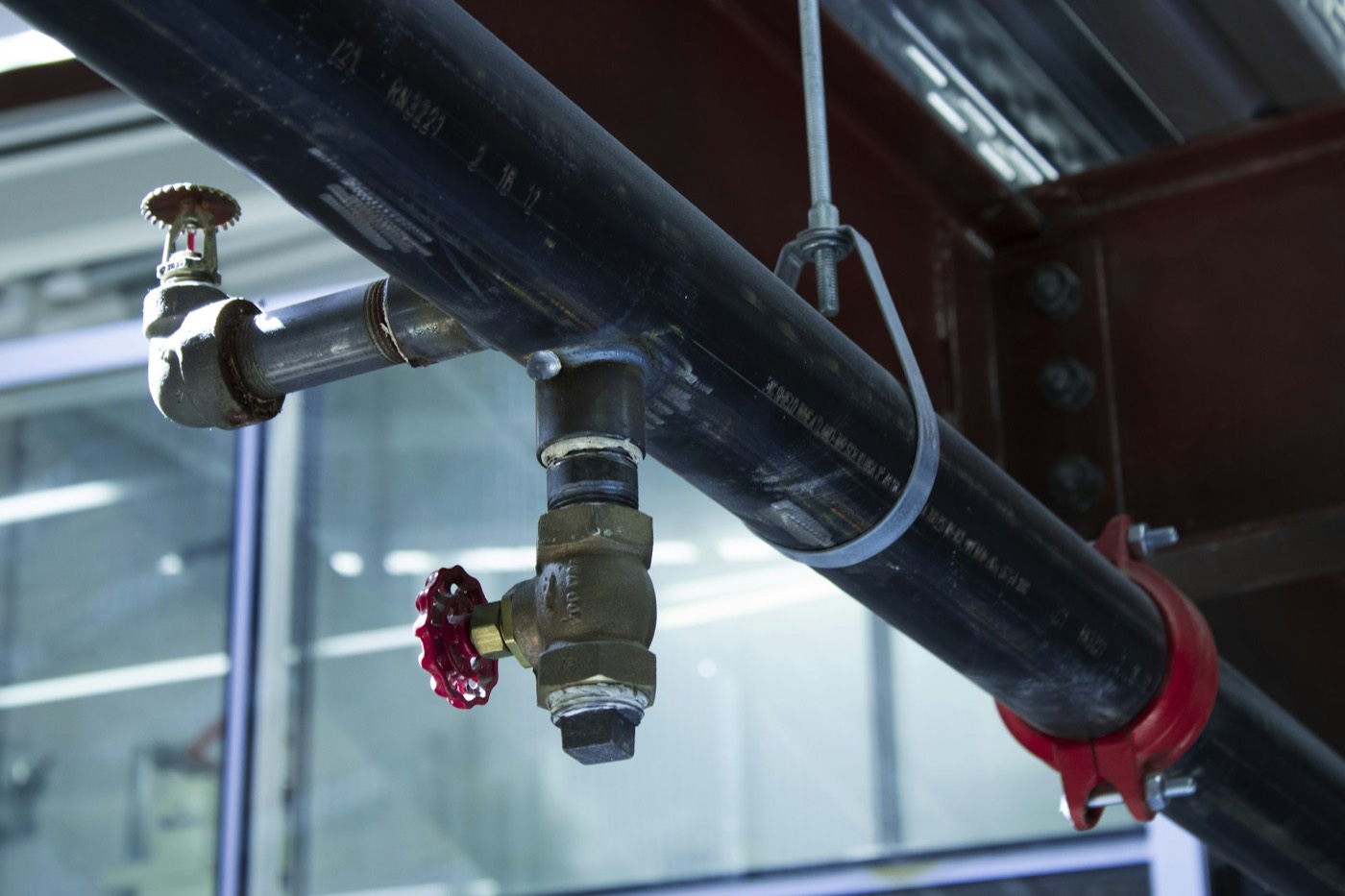 Upright fire sprinkler head on a branch line off a black steel main, with brass inspector's test valve and red grooved coupling