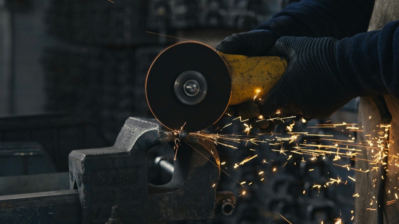 Gloved hands guide an angle grinder on steel in a vise, sparks streaming to the right